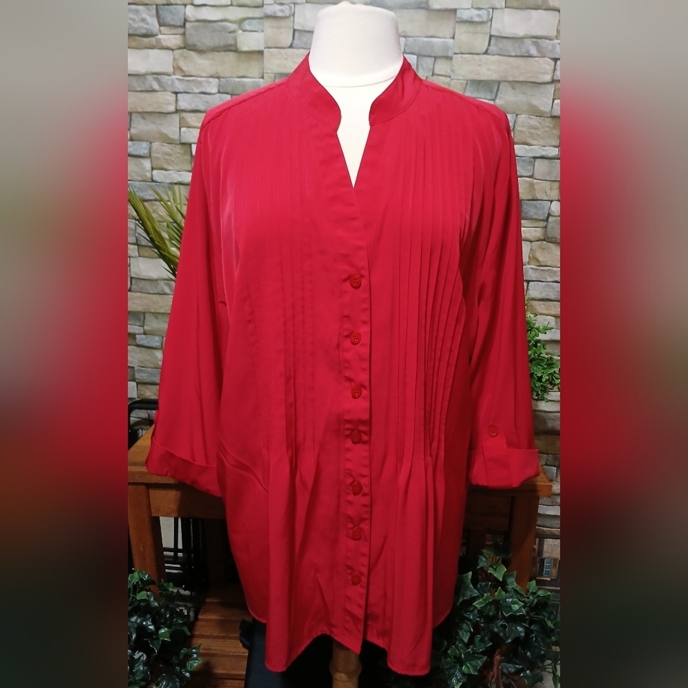 Womens 3X Red 3/4 Sleeve Elegant Button Down Shirt‎ Blouse